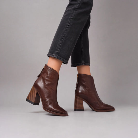 Square Toe Leather Ankle Boots for Women | Chunky Block Heel