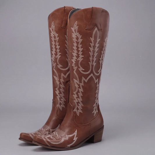 Knee-High Cowboy Boots for Women | Western Embroidered Pull-On