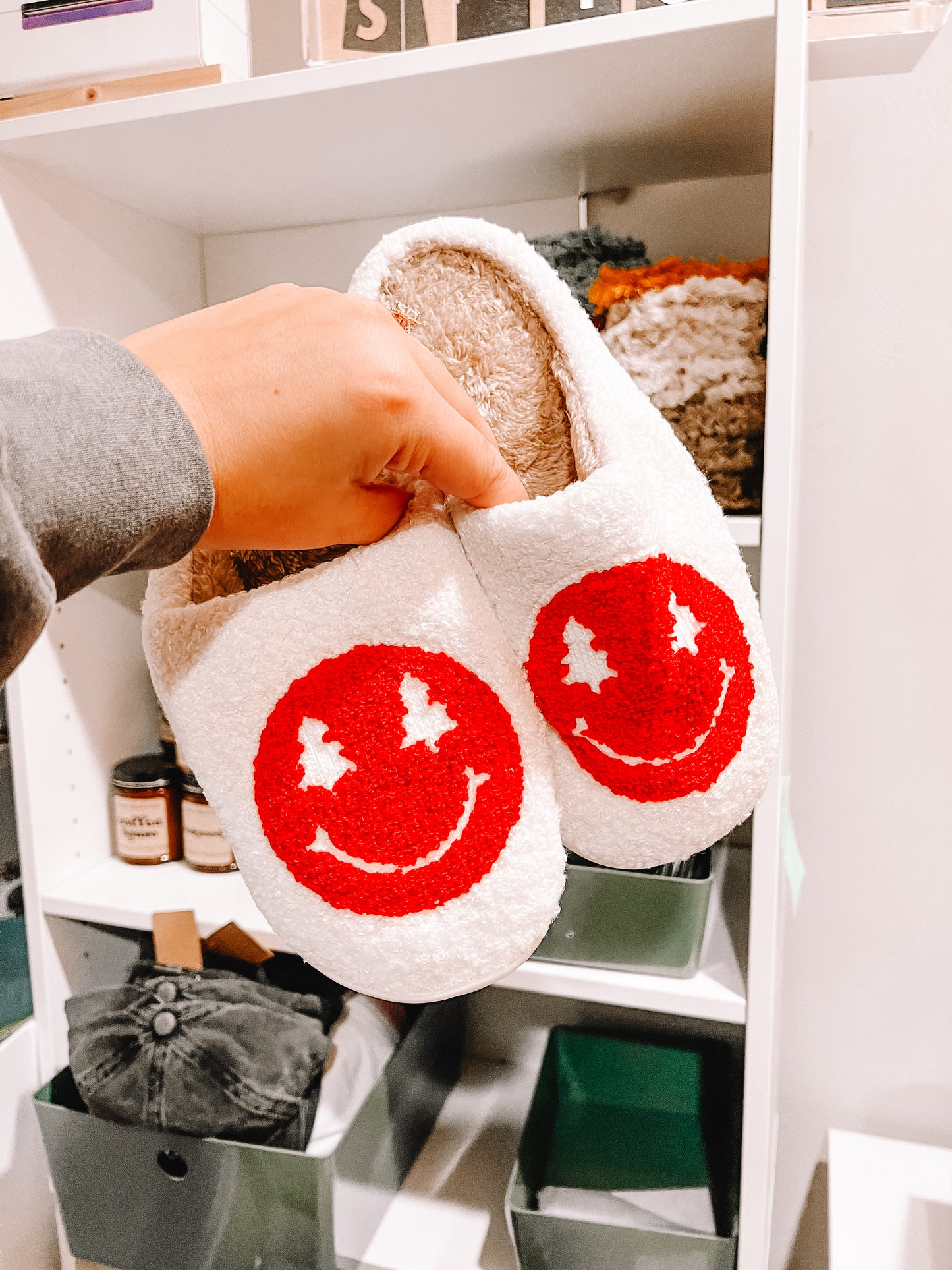 Christmas Tree Happy Face Sherpa Slippers