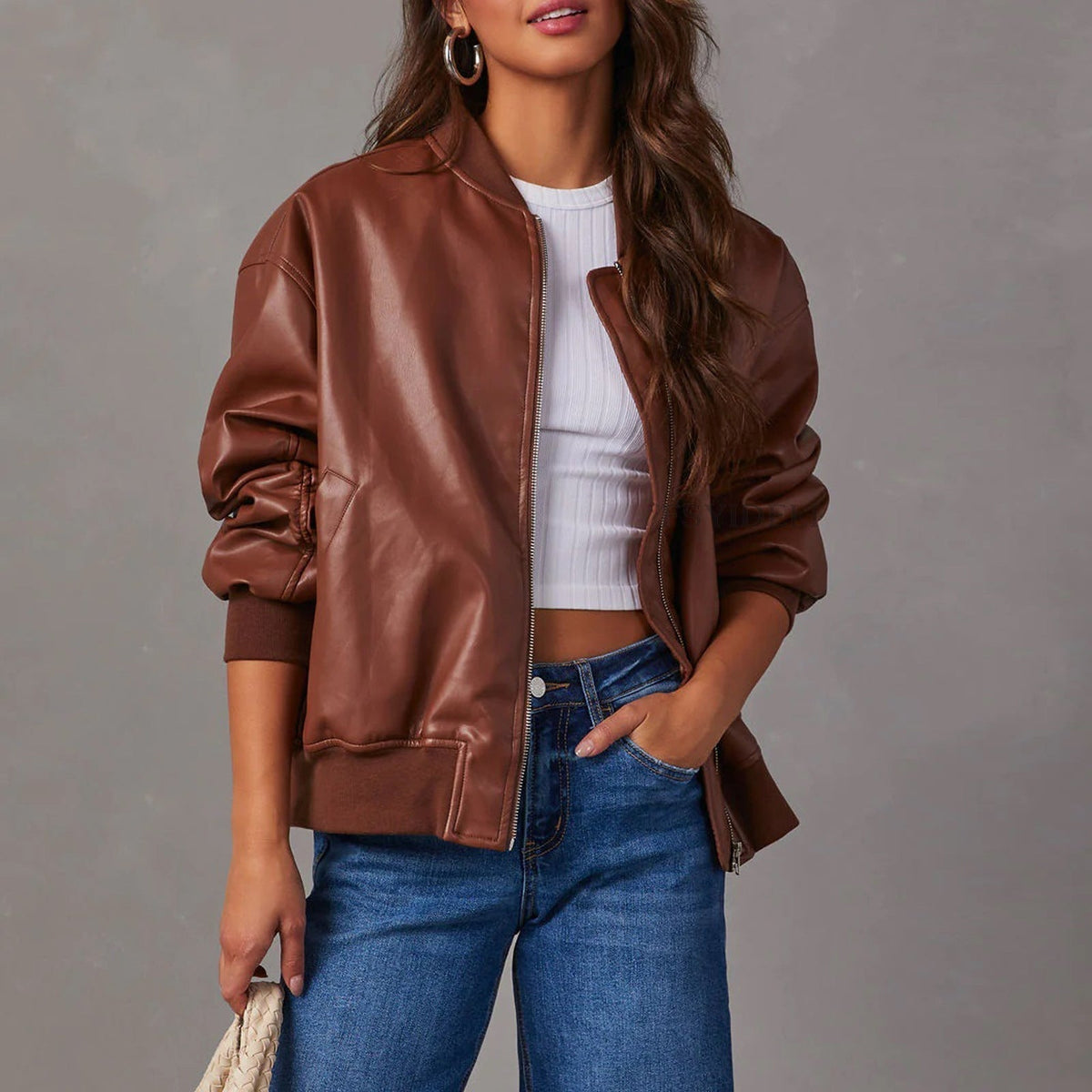 Delphine | Sleek Vegan Leather Bomber Jacket