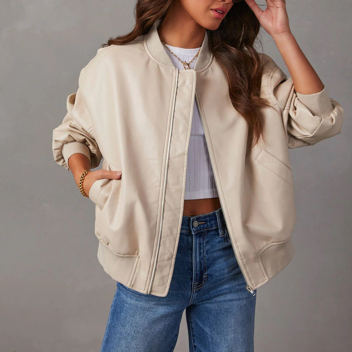 Delphine | Sleek Vegan Leather Bomber Jacket