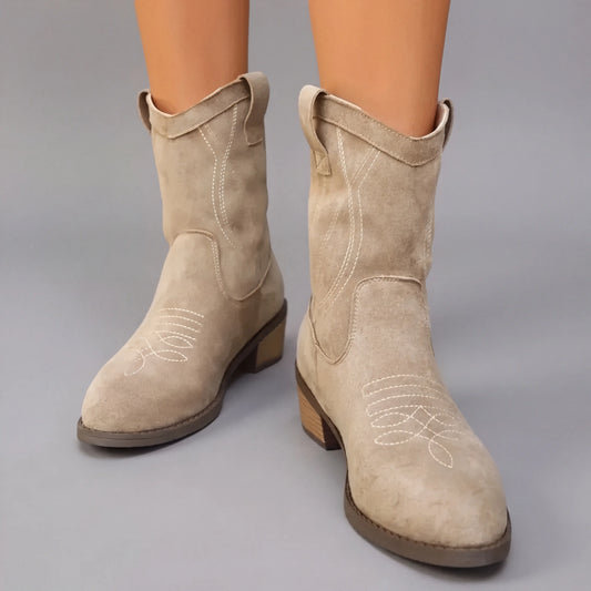 Mid-Calf Suede Boots for Women | Embroidered Block Heel