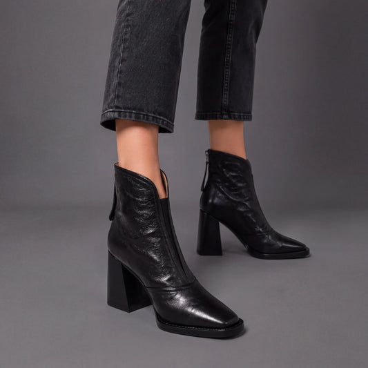 Square Toe Leather Ankle Boots for Women | Chunky Block Heel