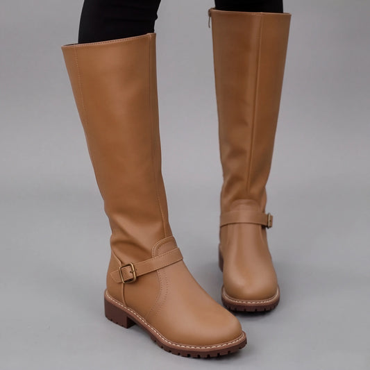 Knee-High Buckle Boots for Women | Zip Closure Chunky Sole
