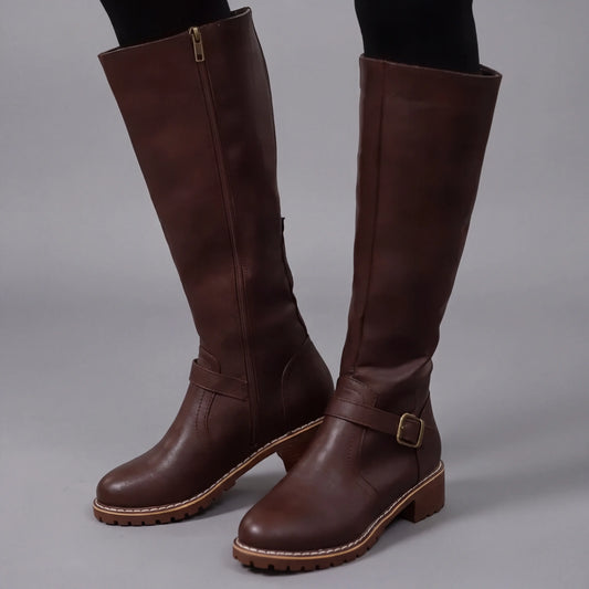 Knee-High Buckle Boots for Women | Zip Closure Chunky Sole
