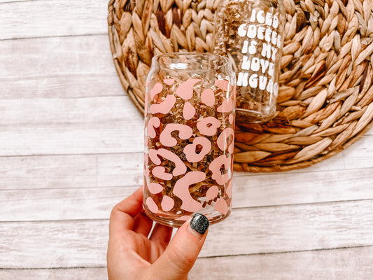 Pink Leopard Wrap 16 oz Glass Can