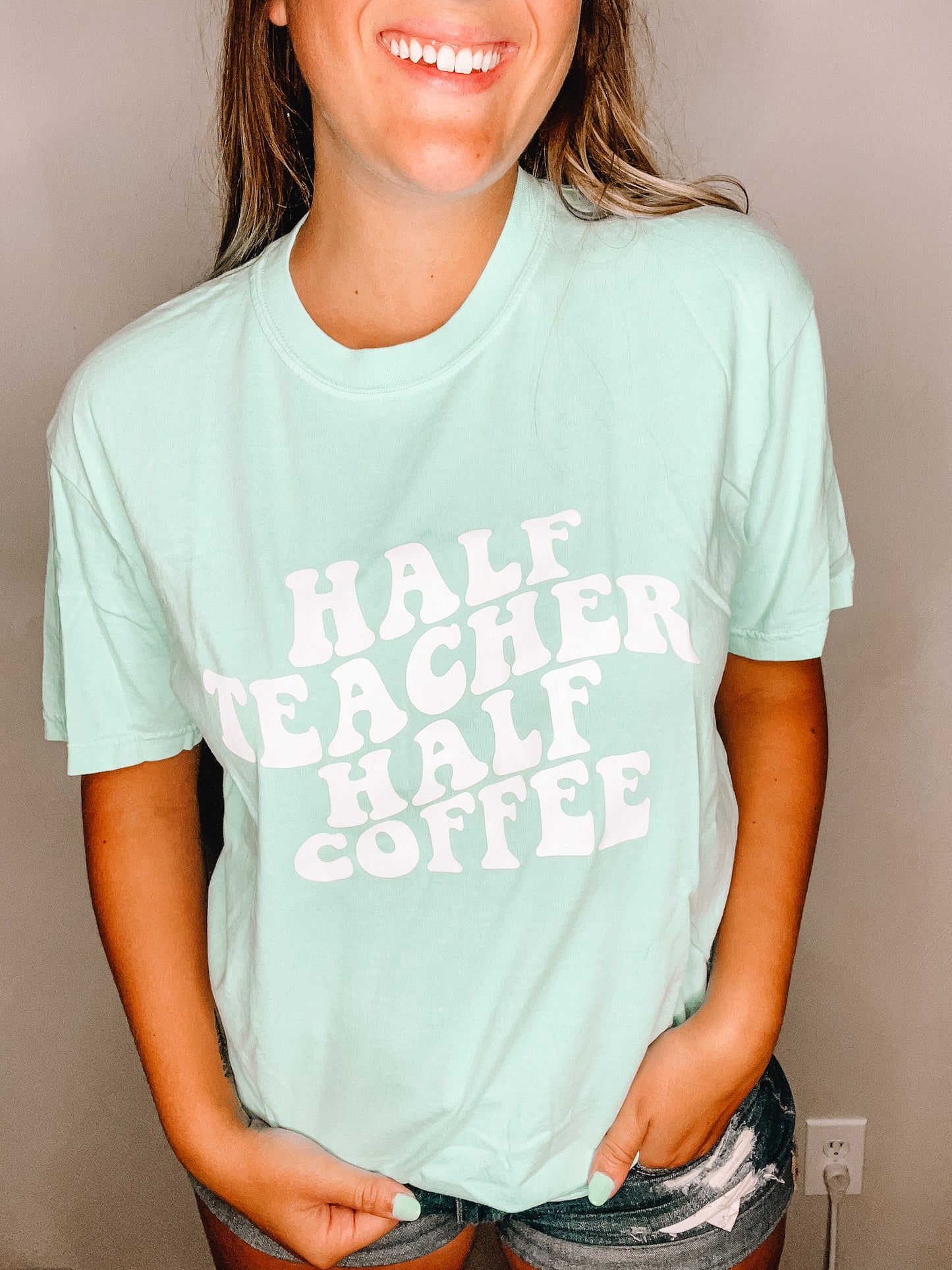 Half Teacher Half Coffee Chalky Mint Short Sleeve Shirt