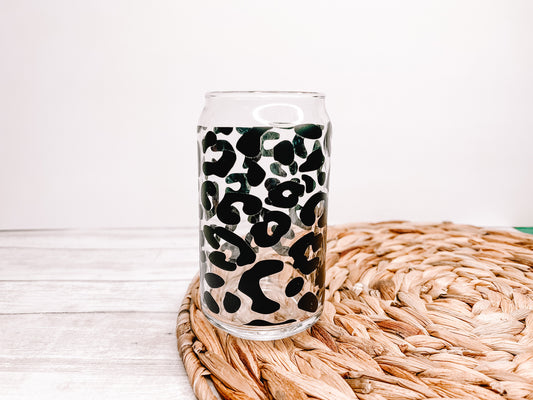 Black Leopard Wrap 16 oz Glass Can