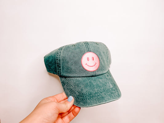 Pink Happy Face Embroidered Baseball Hat