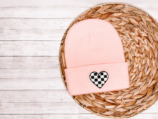 Checkered Heart Embroidered Patch Beanie